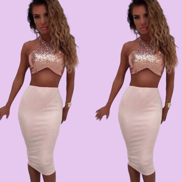 PINK DETAILED TWO PIECE SKIRT SET WITH SEQUINS - Picture 2 of 9